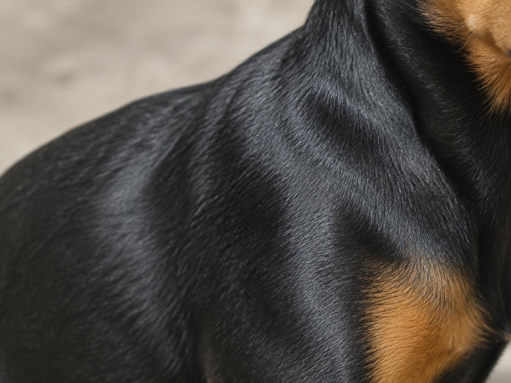 Close up of a Miniature Pinscher's short, glossy black and tan coat
