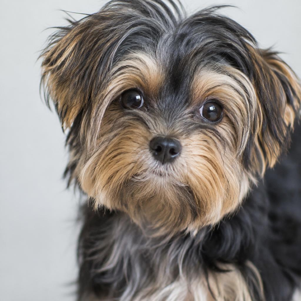 Close up of a Morkie's silky black and tan coat