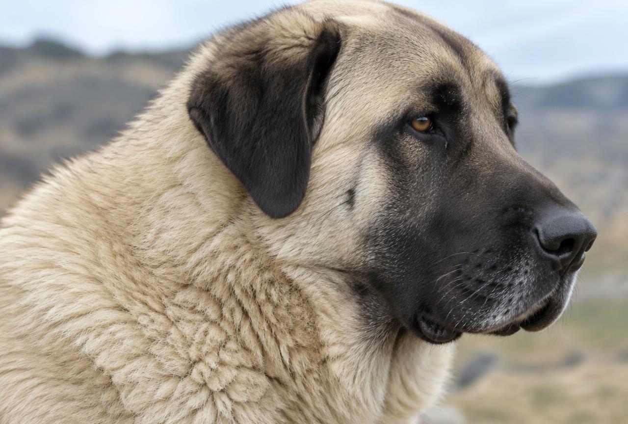 Close up of the Anatolian Shepherd's short, dense fawn coat with a black mask.