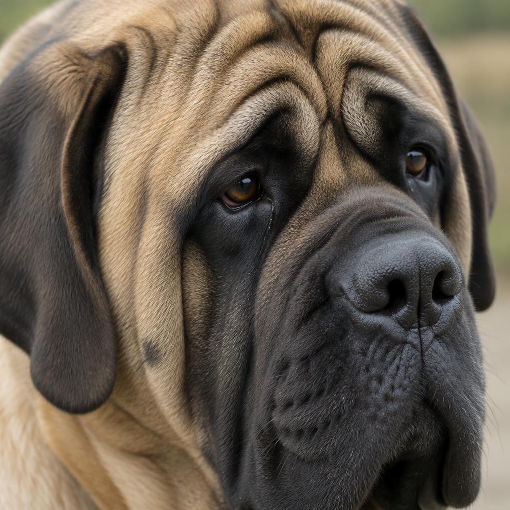 Close up of an English Mastiff's short fawn coat with black mask