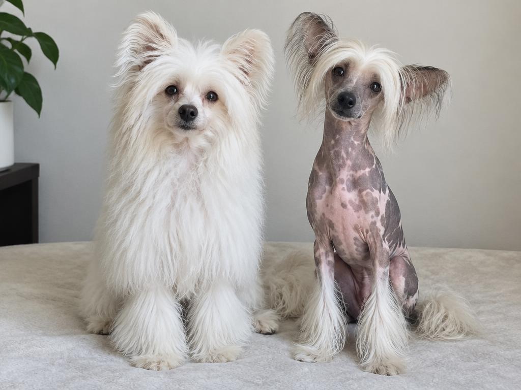 A Powderpuff Chinese Crested sitting beside a Hairless Chinese Crested