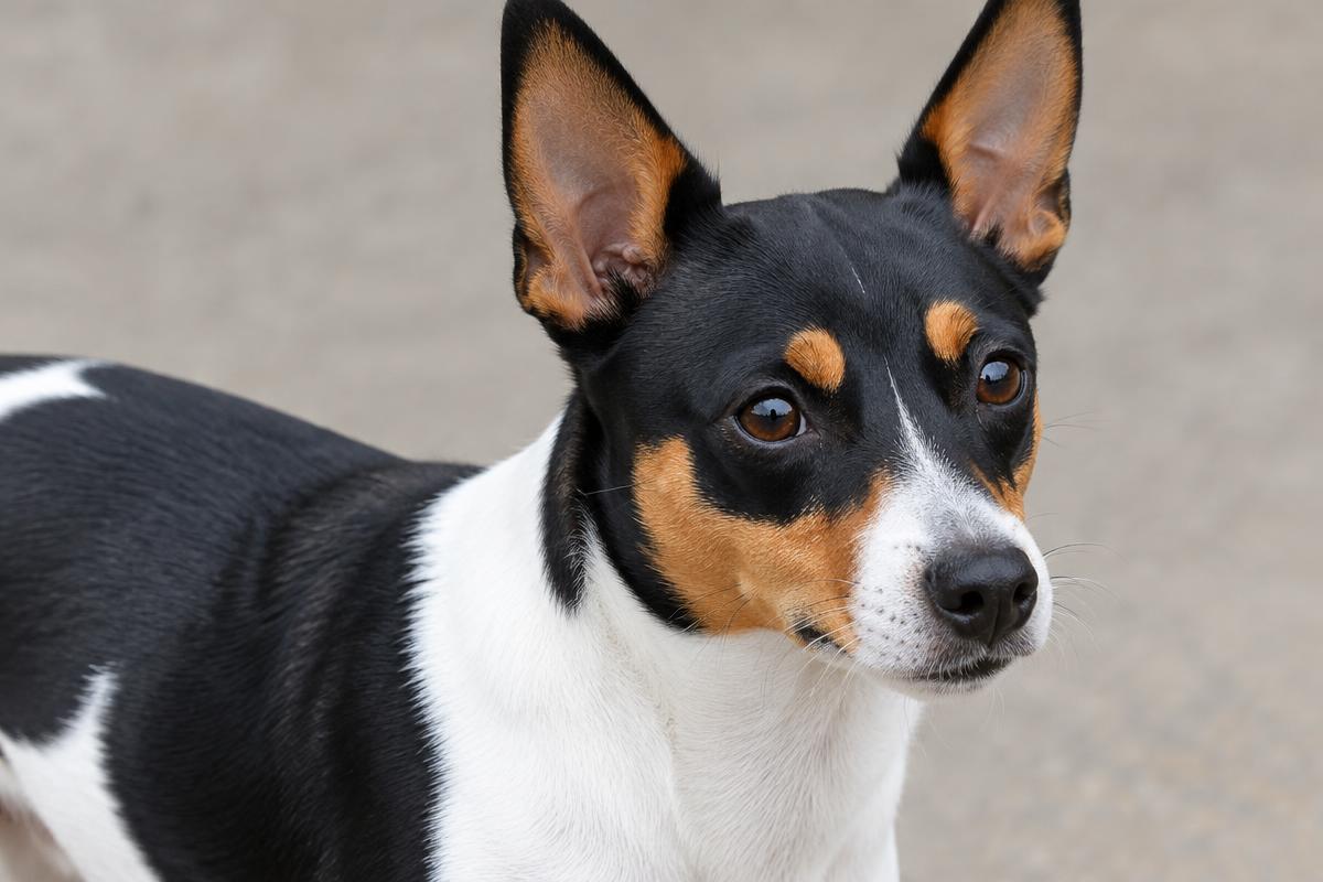 Close up of a Rat Terrier's short black, white and tan coat and upright ears
