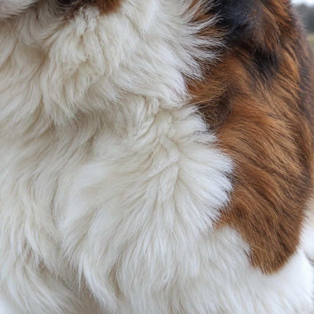 Close up of a Saint Bernard's white and mahogany double coat