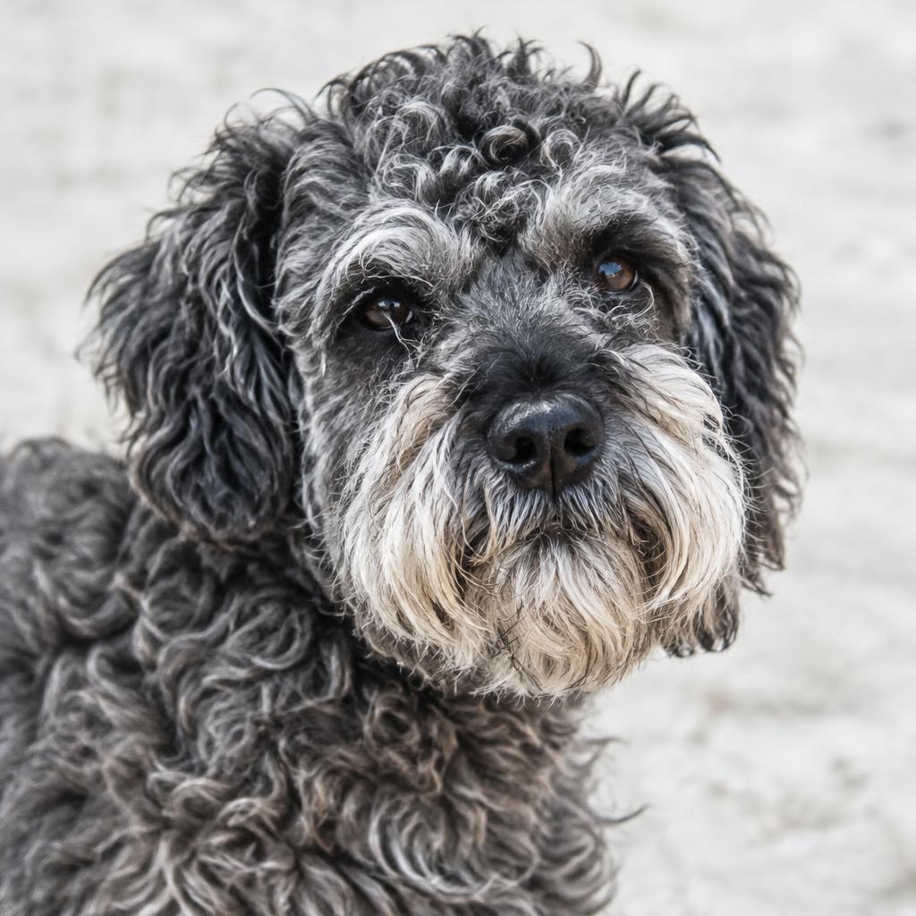 Close up of a Schnoodle's curly salt-and-pepper coat and beard