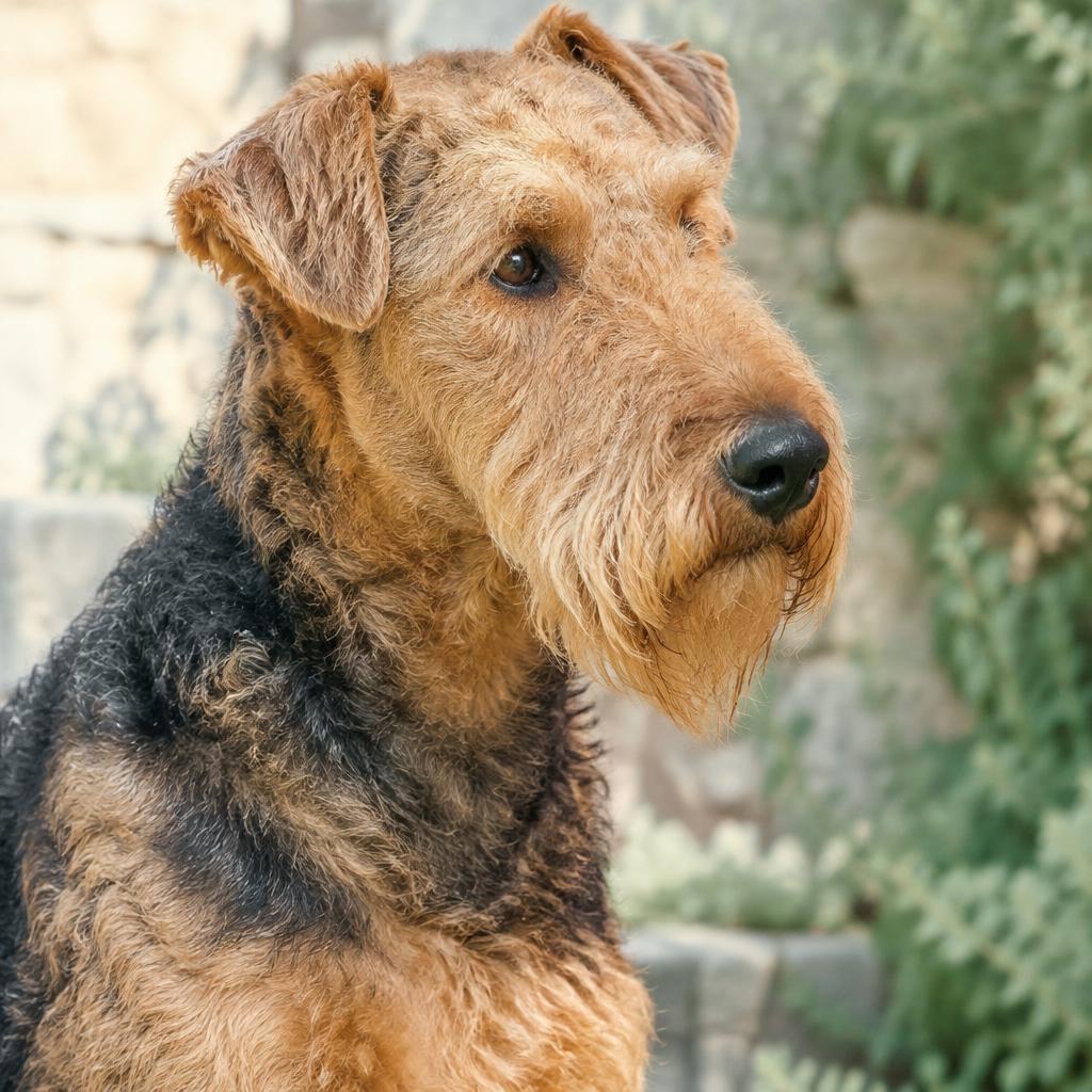 Close up of the wiry black and tan texture of an Airedale coat