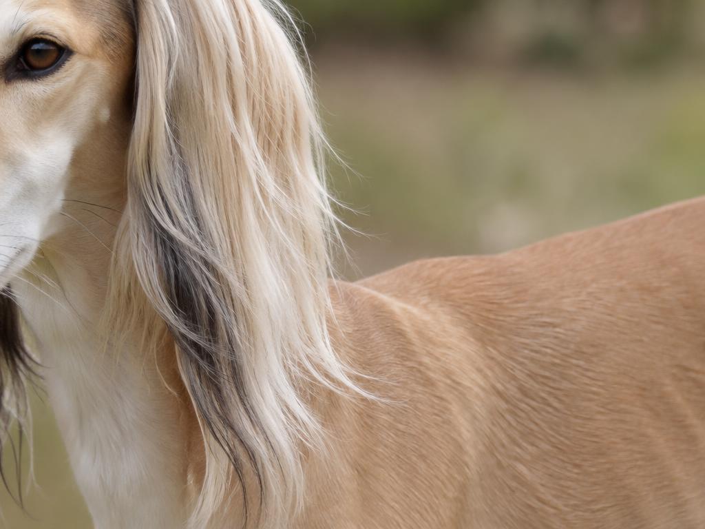Close up of a Saluki's silky ear feathering and smooth body coat