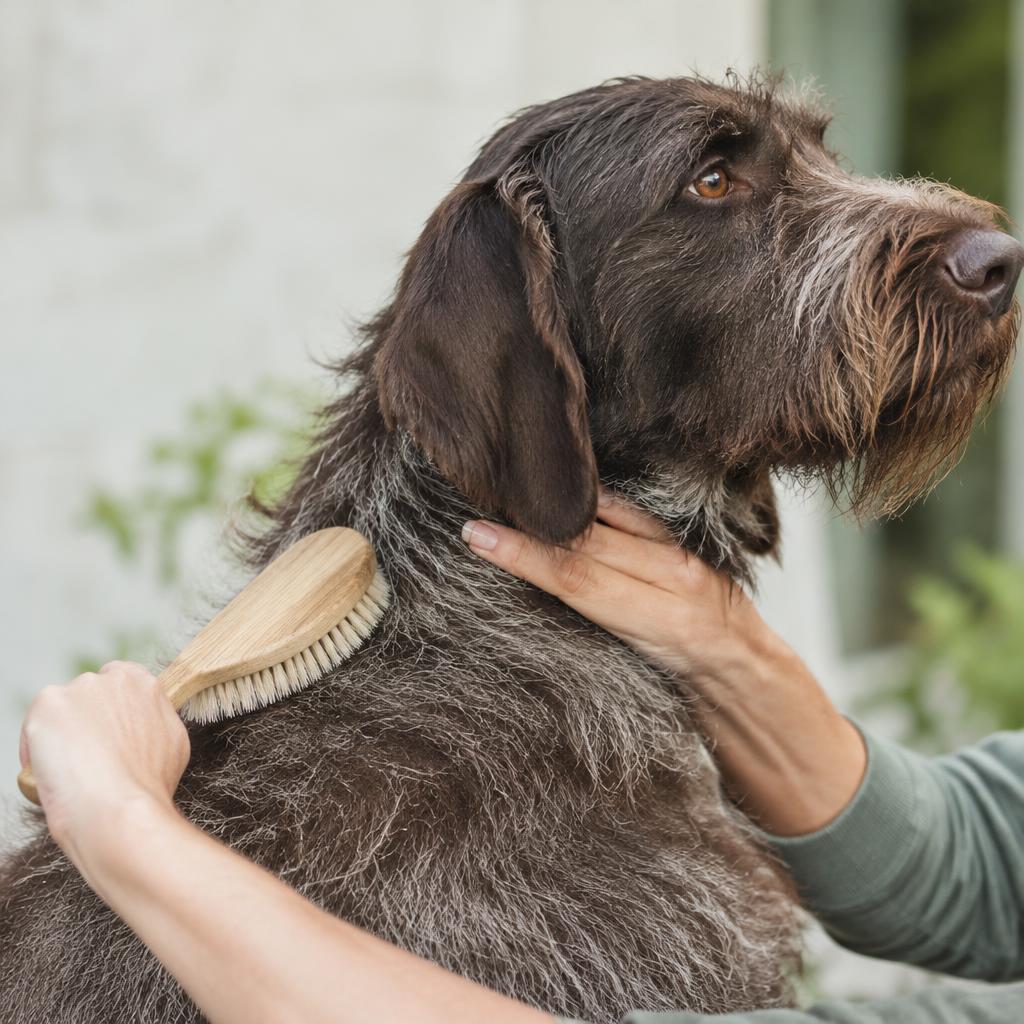 A German Wirehaired Pointer being brushed with a slicker