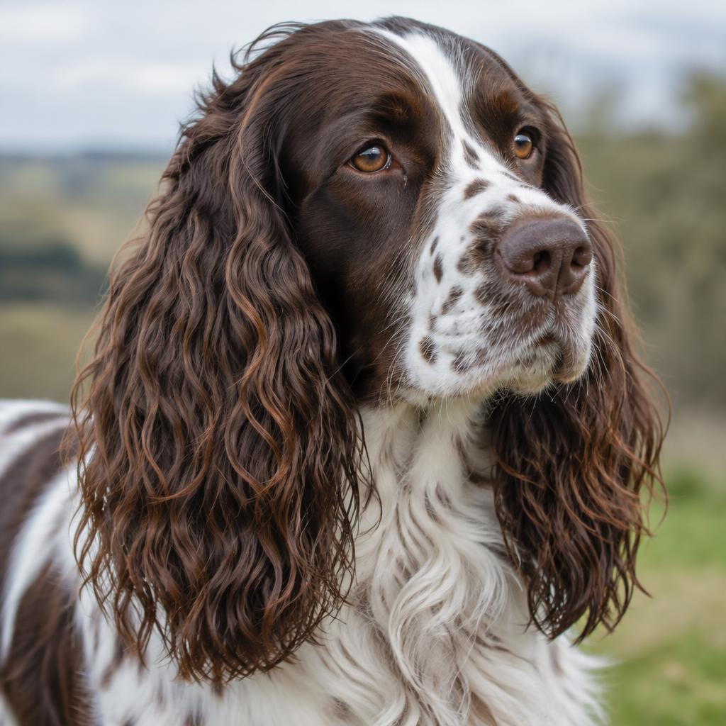 Close up of an English Springer Spaniel's feathered liver and white coat