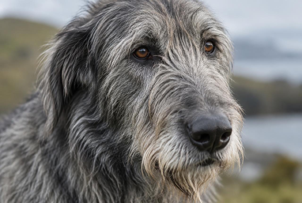 Close up of the wiry grey coat texture of an Irish Wolfhound