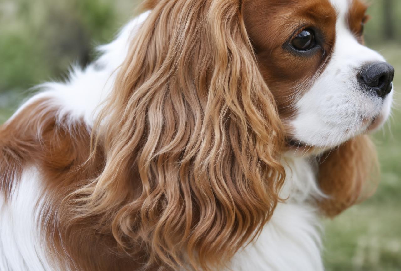 Close up of a Cavalier King Charles Spaniel's silky feathered coat