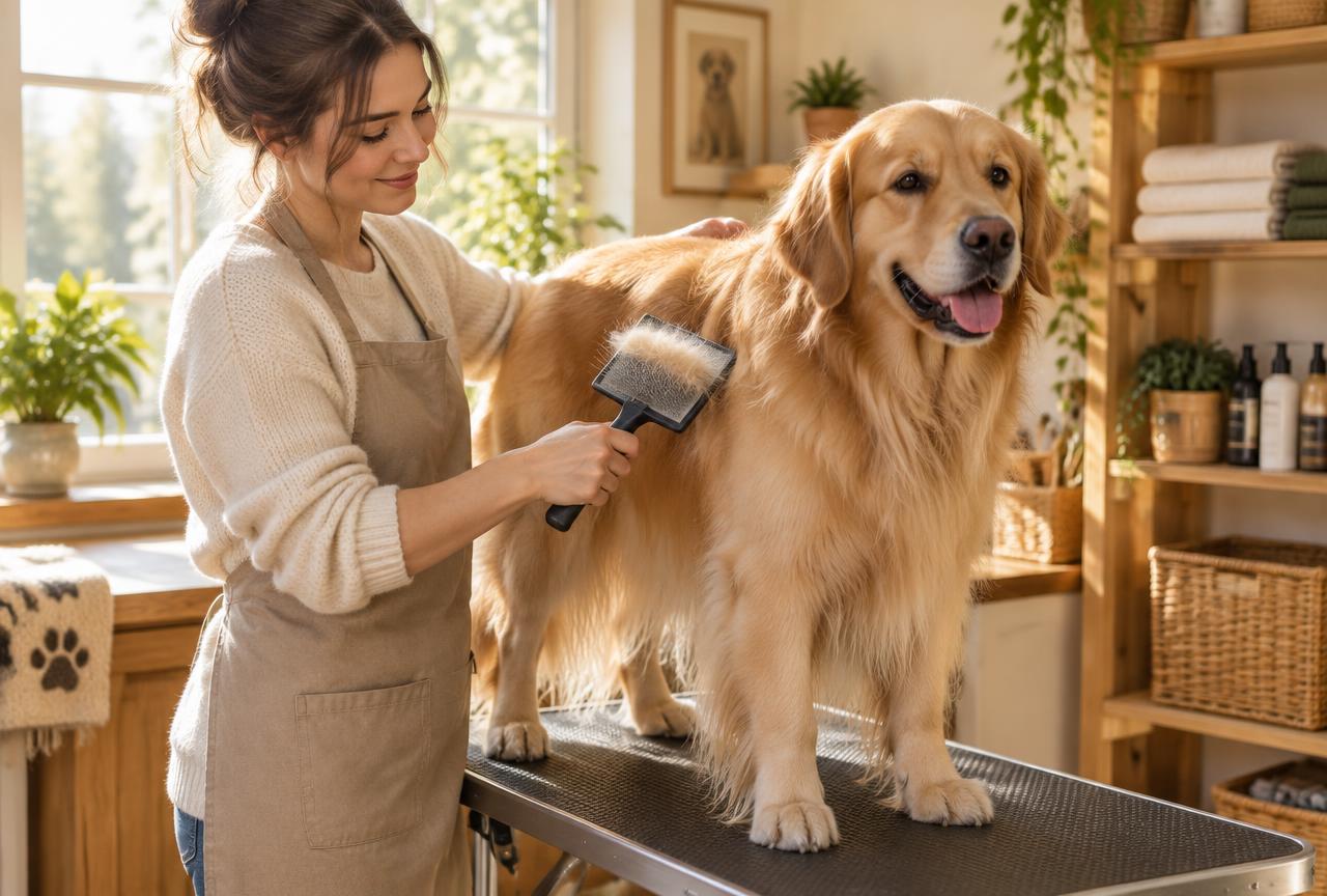 A person brushing a long-haired dog's coat with a slicker brush at home