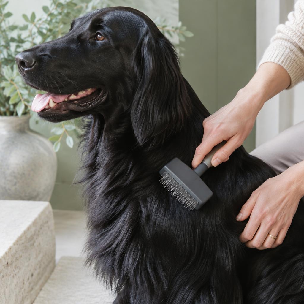 A Flat-Coated Retriever being brushed