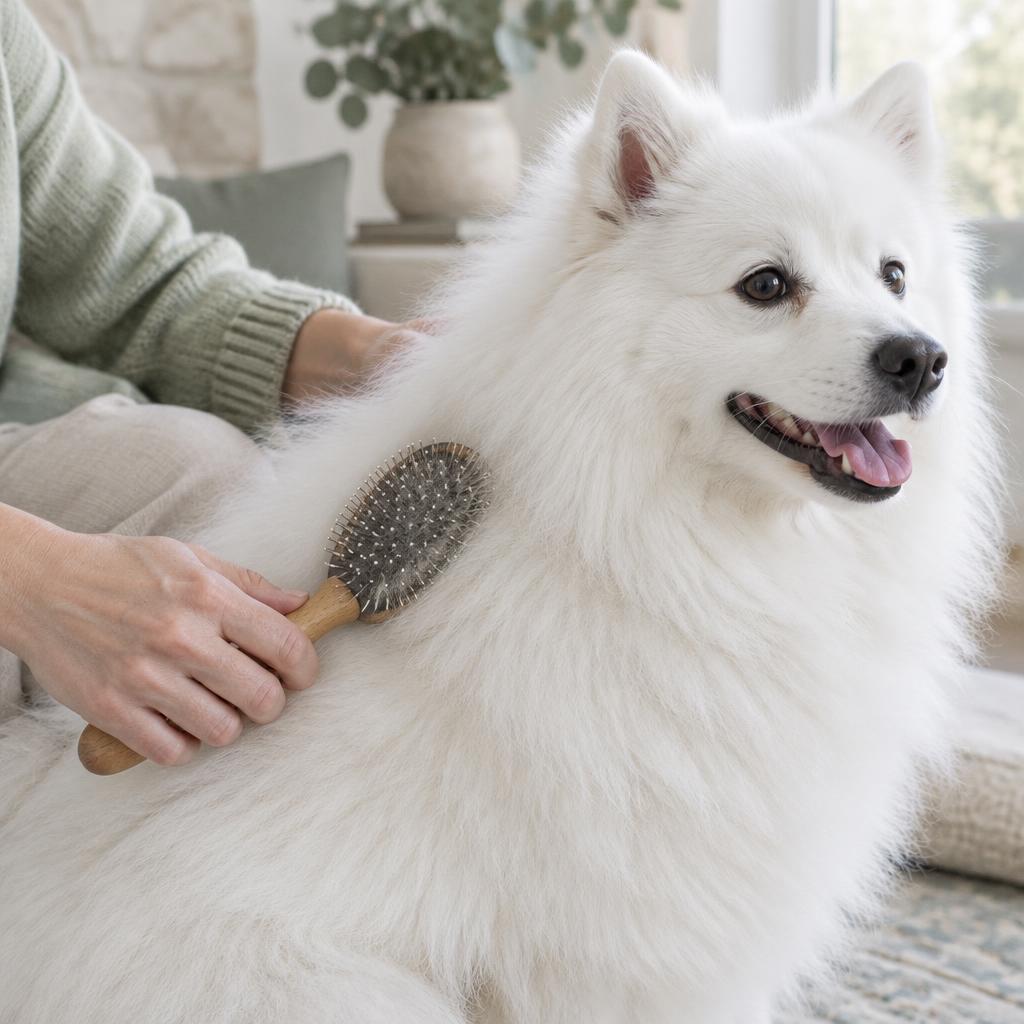 An American Eskimo Dog being brushed