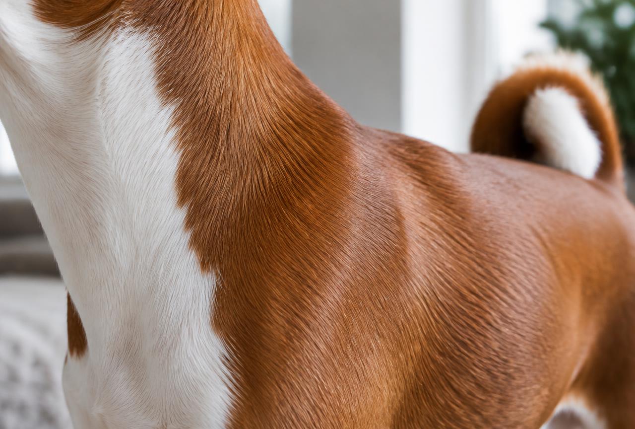 Close up of a Basenji's short, smooth chestnut red and white coat.
