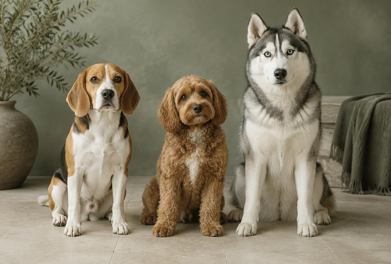 A Poodle-cross and a Husky standing side by side, freshly groomed