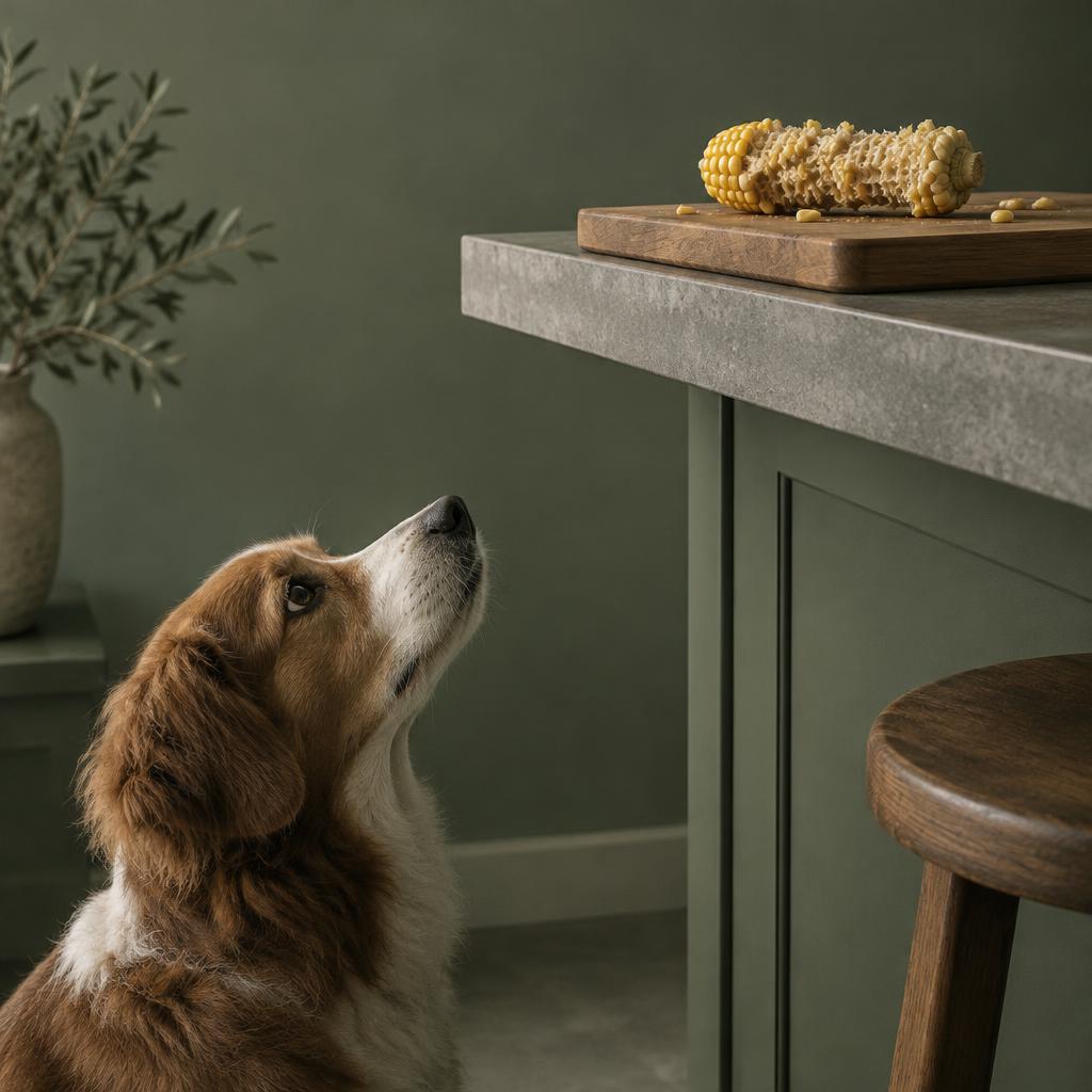 A gnawed corn cob on a board on a high counter with a dog looking up from below