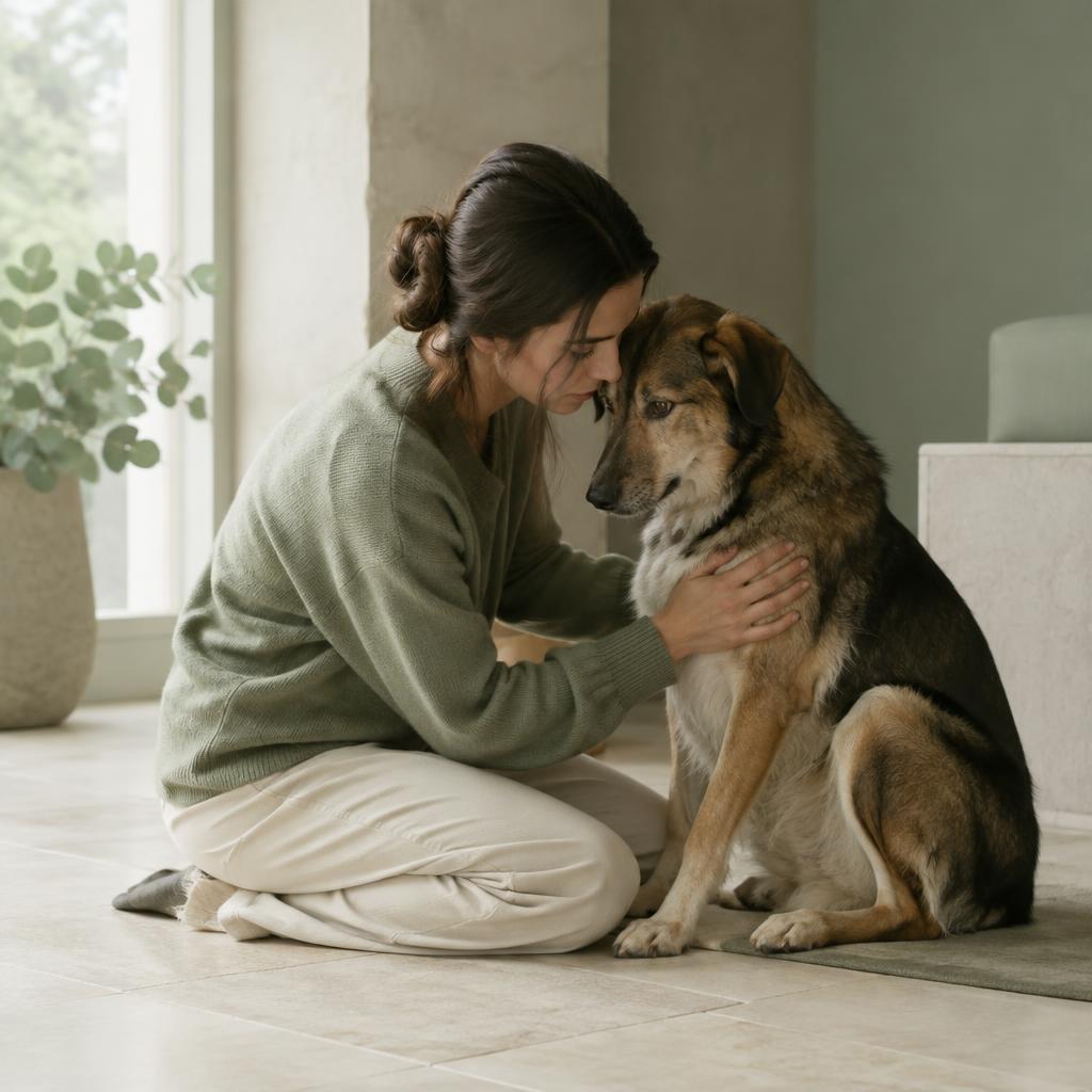 A person kneeling to comfort an anxious dog