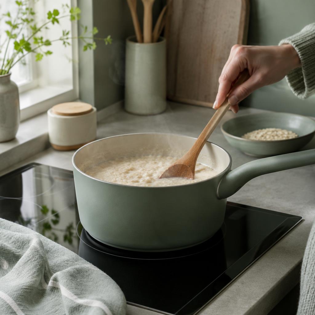 A saucepan of plain porridge being stirred on a stovetop