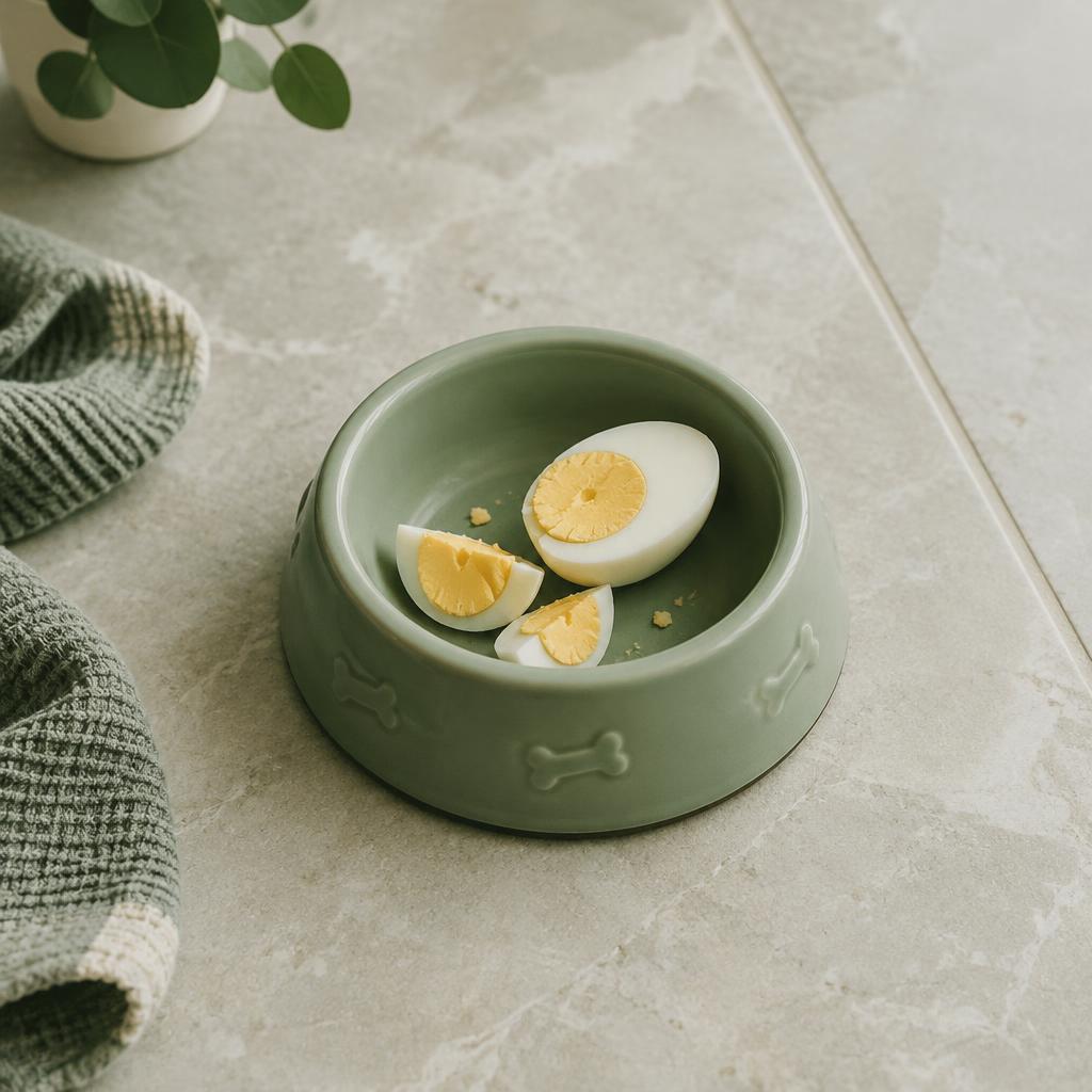 Slices of boiled egg in a dog bowl