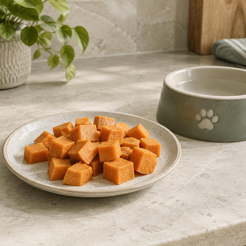Plain cooked sweet potato cubes on a plate next to a dog bowl