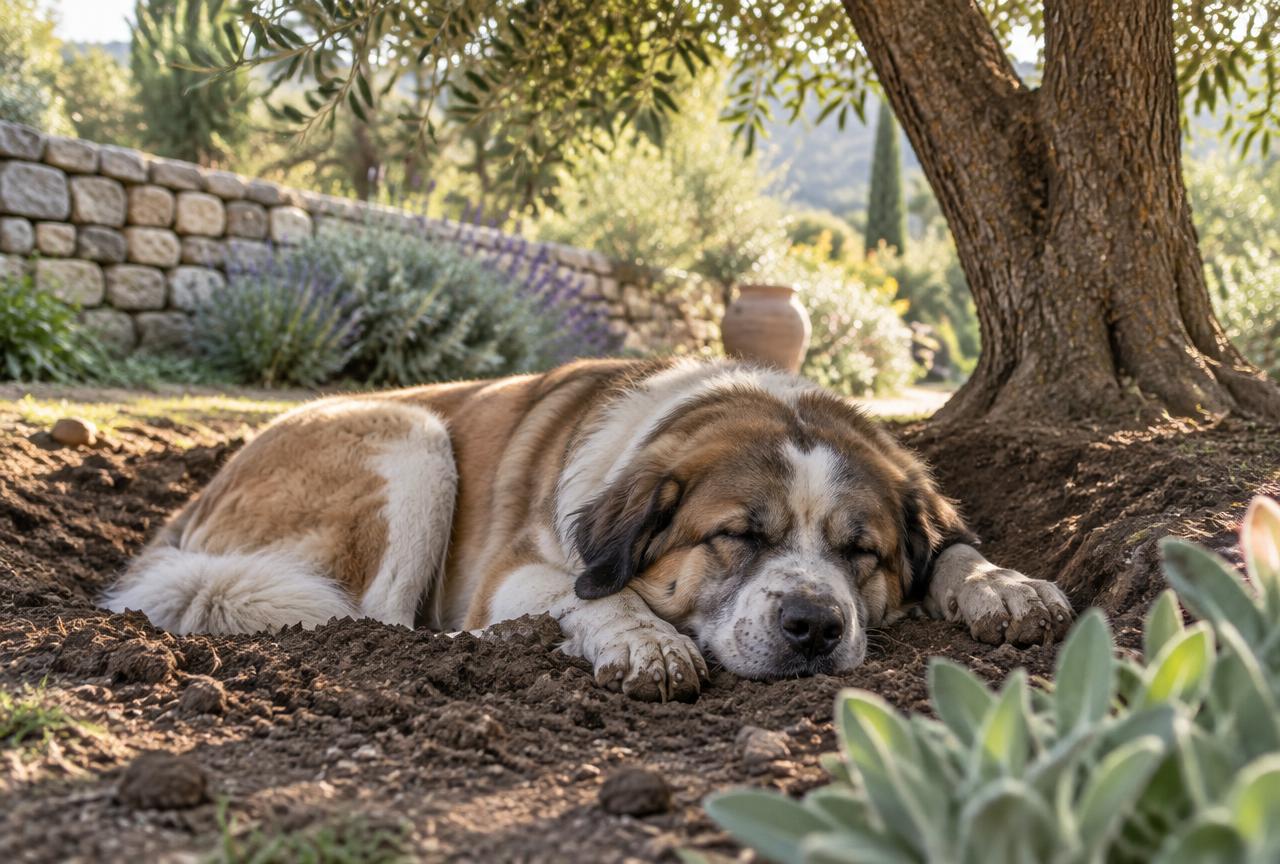 A large dog lying comfortably in a shallow freshly dug patch of earth in cool shade under a garden tree
