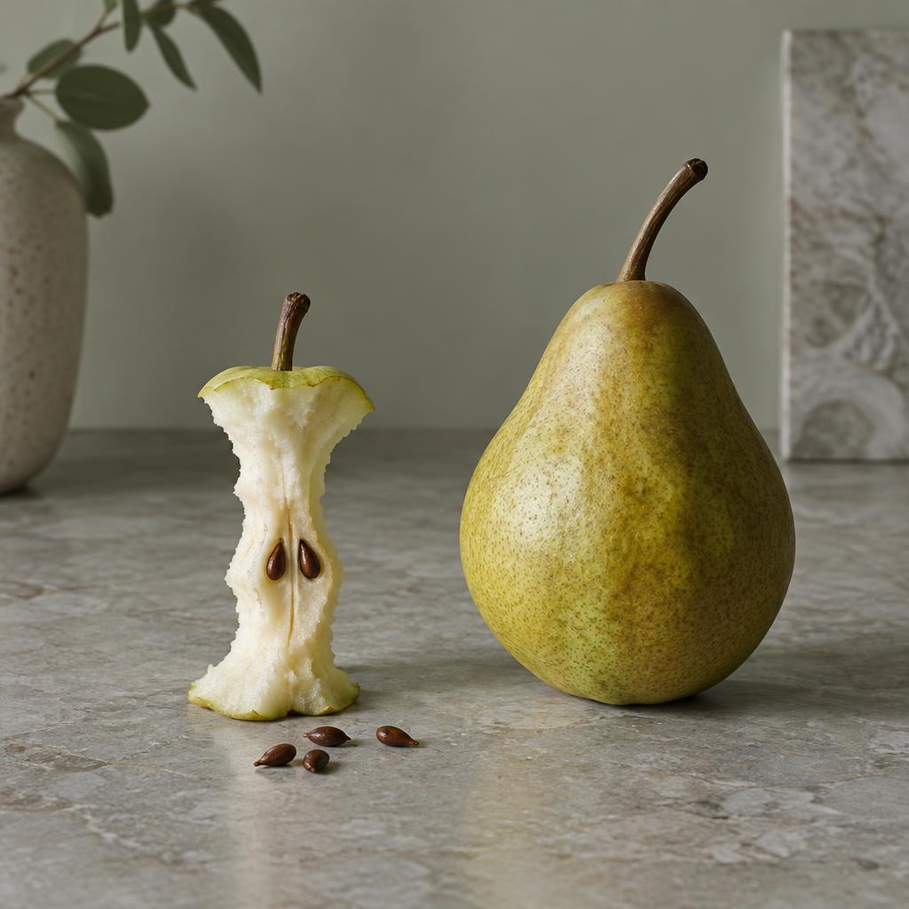 A pear core with seeds beside a whole pear on a stone worktop