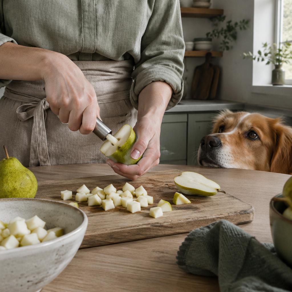 Hands coring a green pear and cutting it into cubes while a dog watches