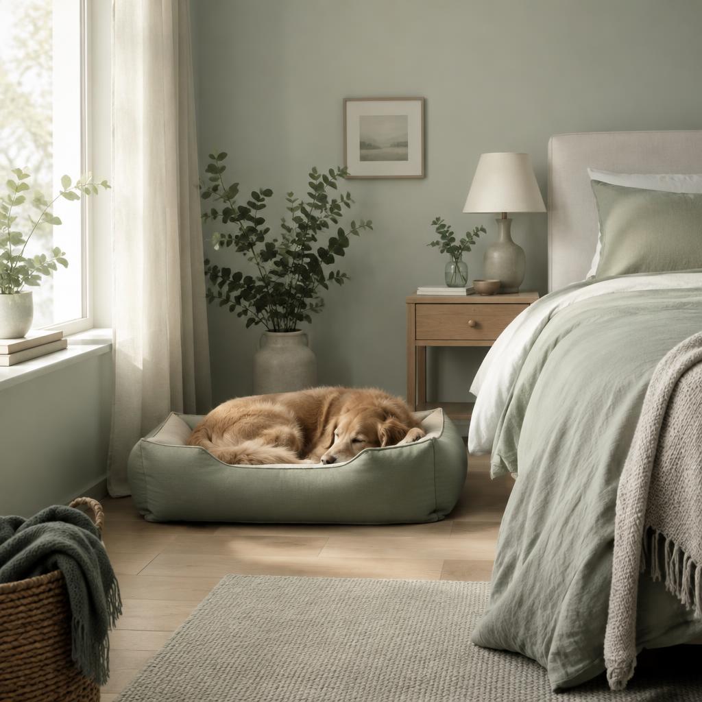 A dog asleep on its own bed beside its owner's bed