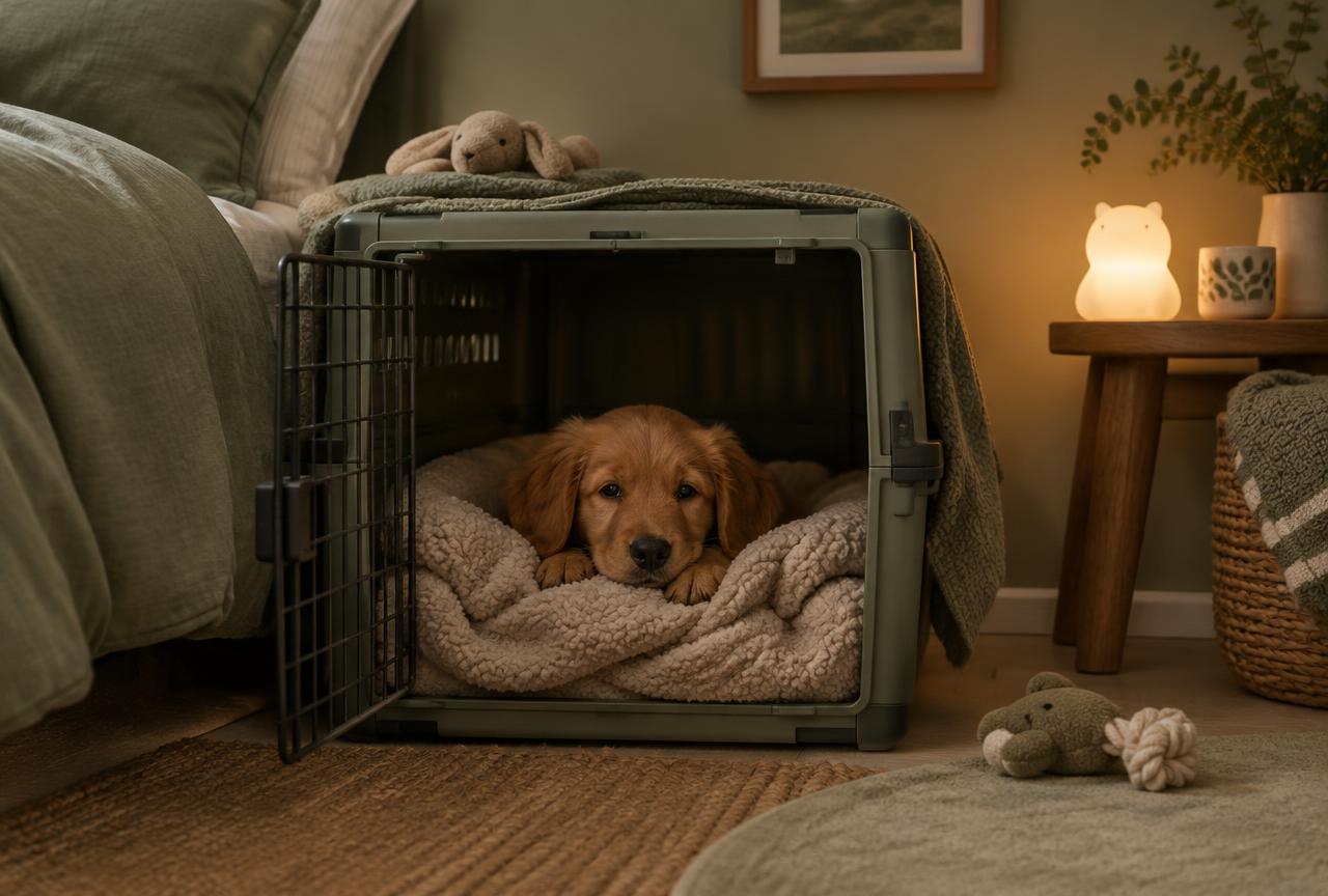 A puppy in a cosy crate with a warm night light nearby