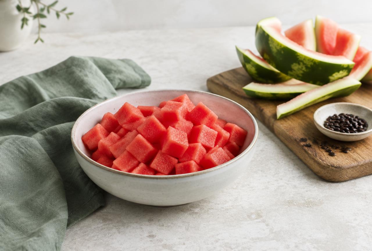 A bowl of watermelon cubes with rind and seeds set aside