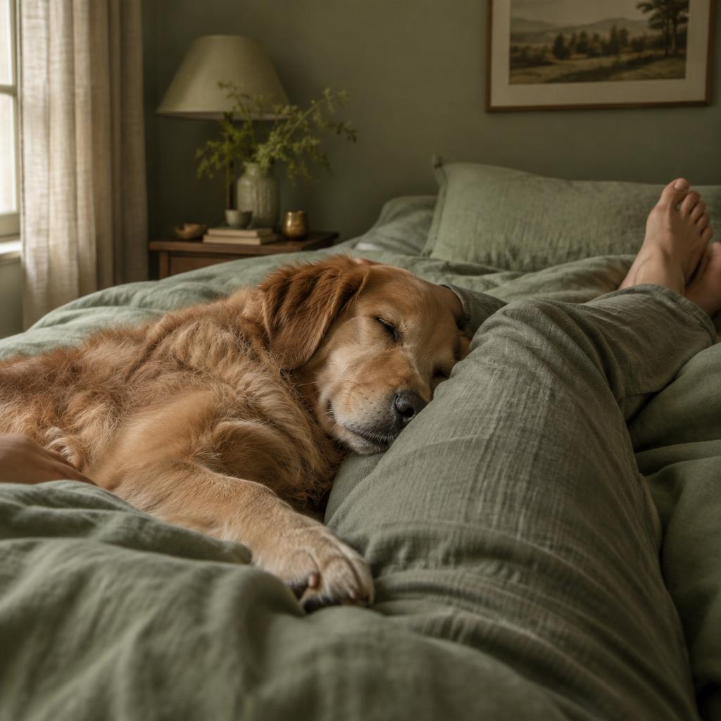 A dog sleeping cuddled against its owner's legs