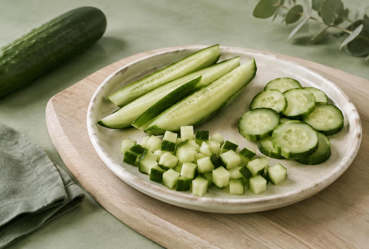 Cucumber cut into spears, rounds and small cubes on a pale plate