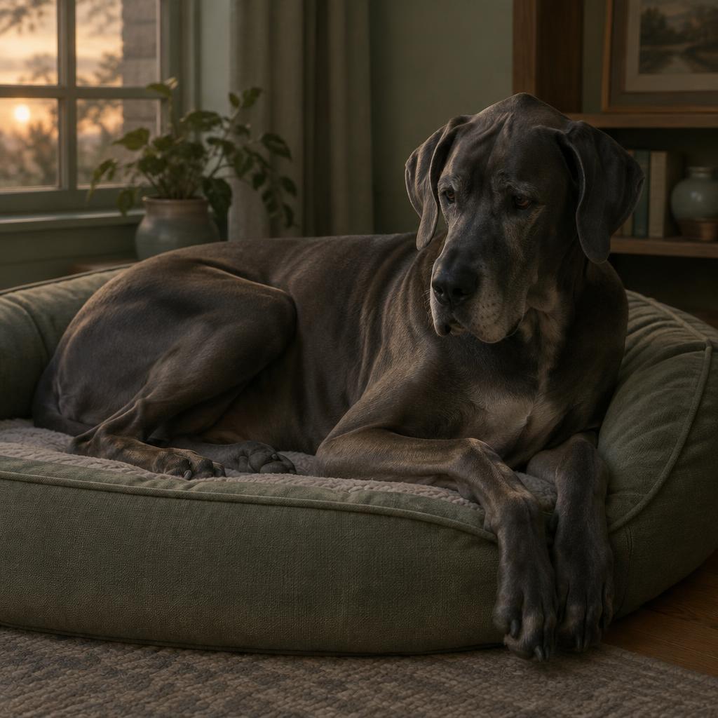 A deep-chested Great Dane standing in profile, the body shape most at risk of bloat