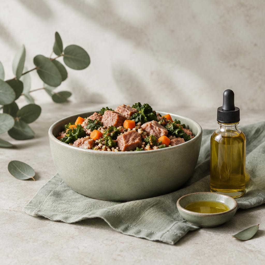 A bowl of fresh dog food with a small bottle of omega oil beside it