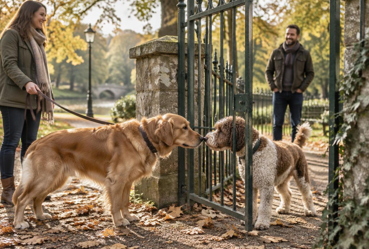 Two dogs greeting nose to nose through a park gate while owners keep them apart