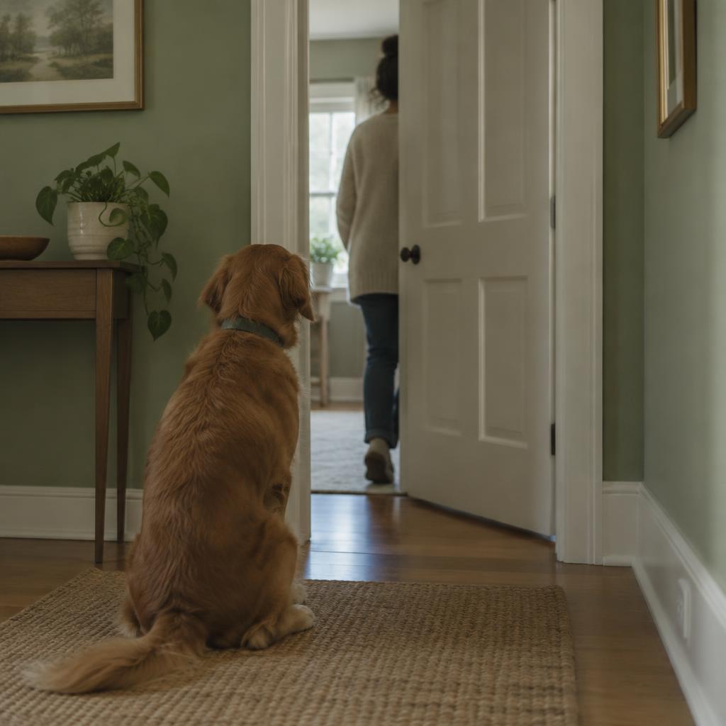 A dog sitting at a doorway watching its owner leave the room