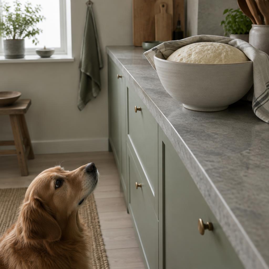 A ball of raw bread dough rising in a bowl on a high counter while a dog looks up