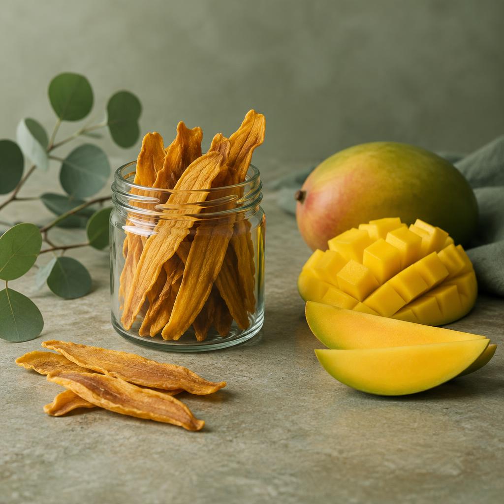 Dried mango strips in a glass jar beside fresh mango pieces