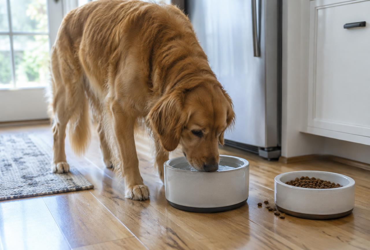 A golden retriever drinking from a water bowl while its food bowl sits untouched nearby