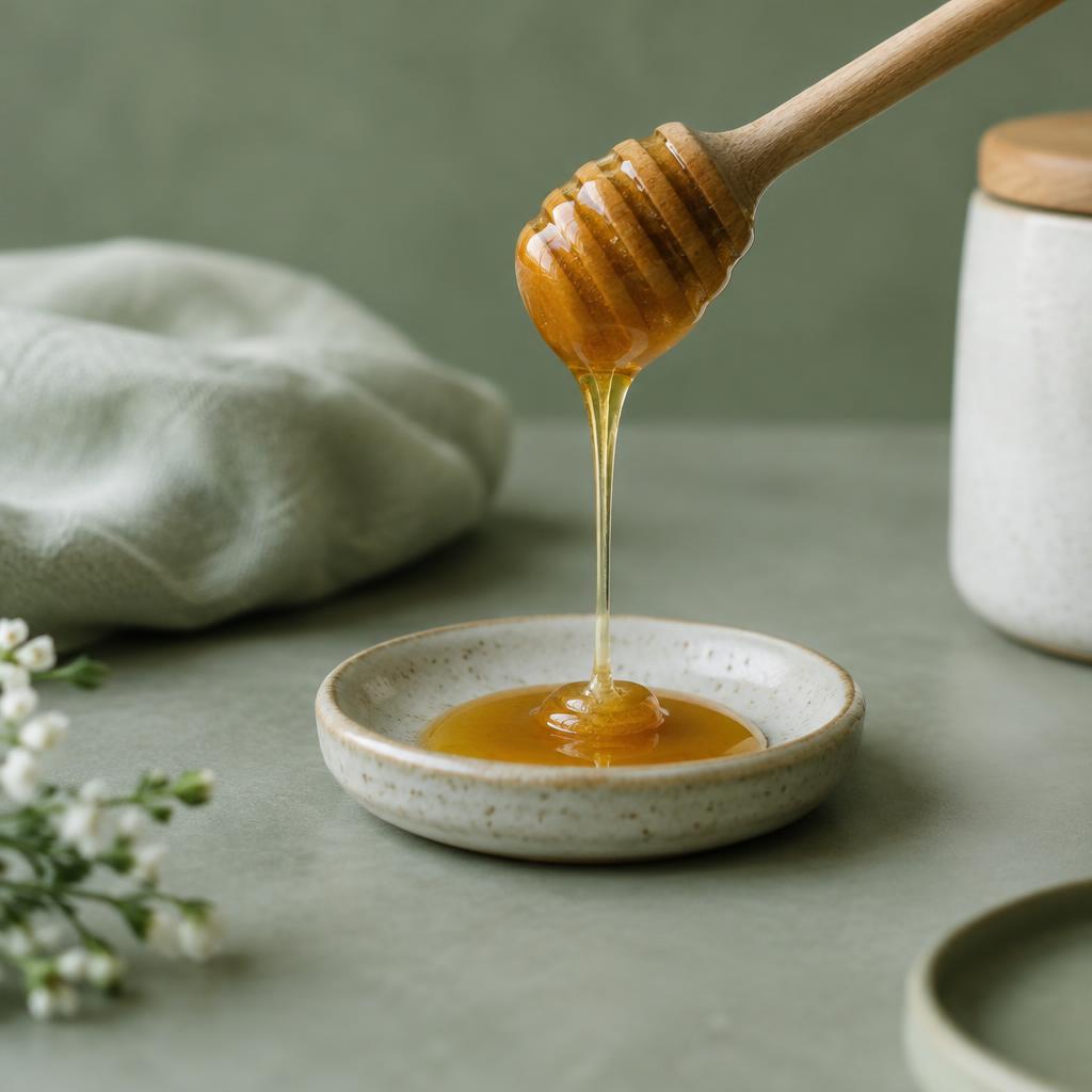 A wooden honey dipper drizzling a thin ribbon of honey onto a small ceramic saucer