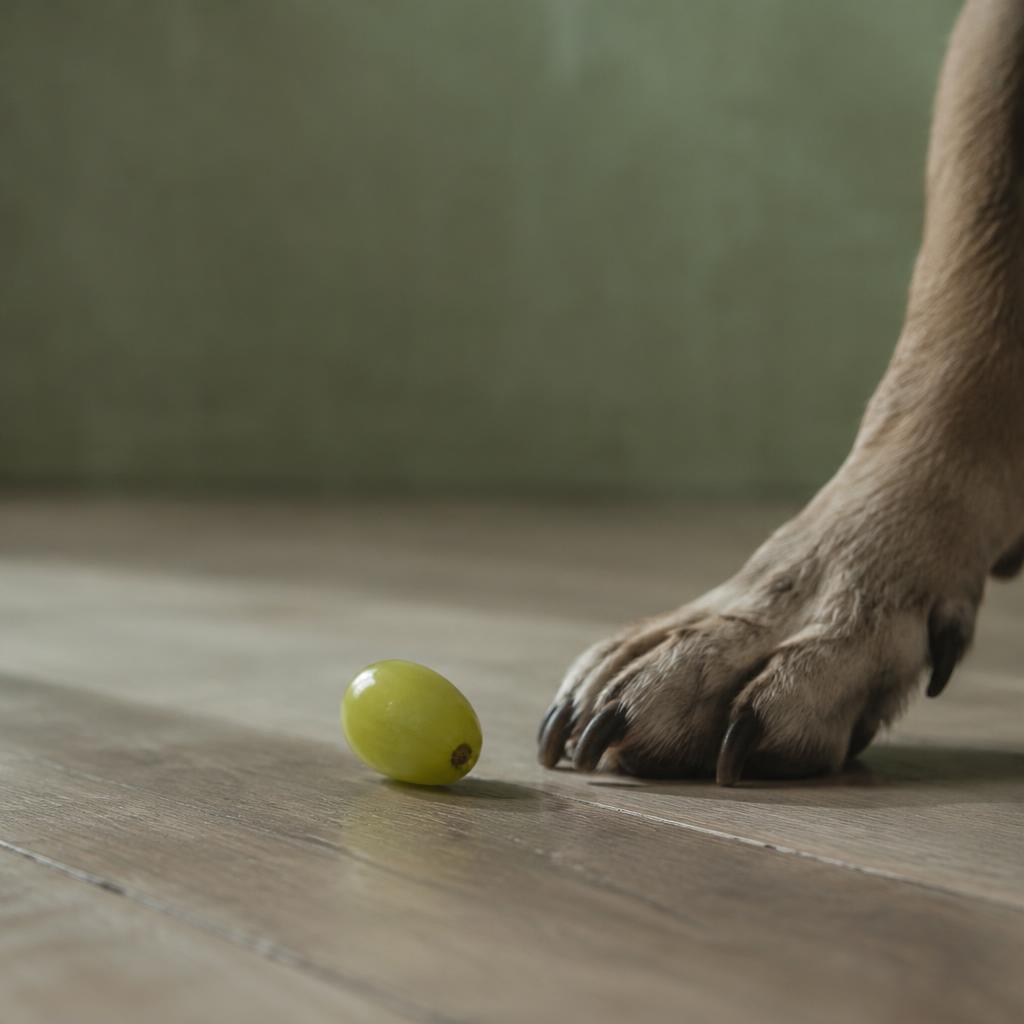 A single grape on a wooden floor near a dog's paw