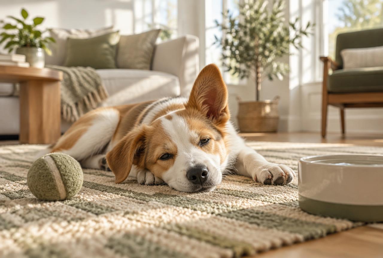 A young dog half-asleep on a rug in a bright living room, one ear lifted, a ball and water bowl nearby