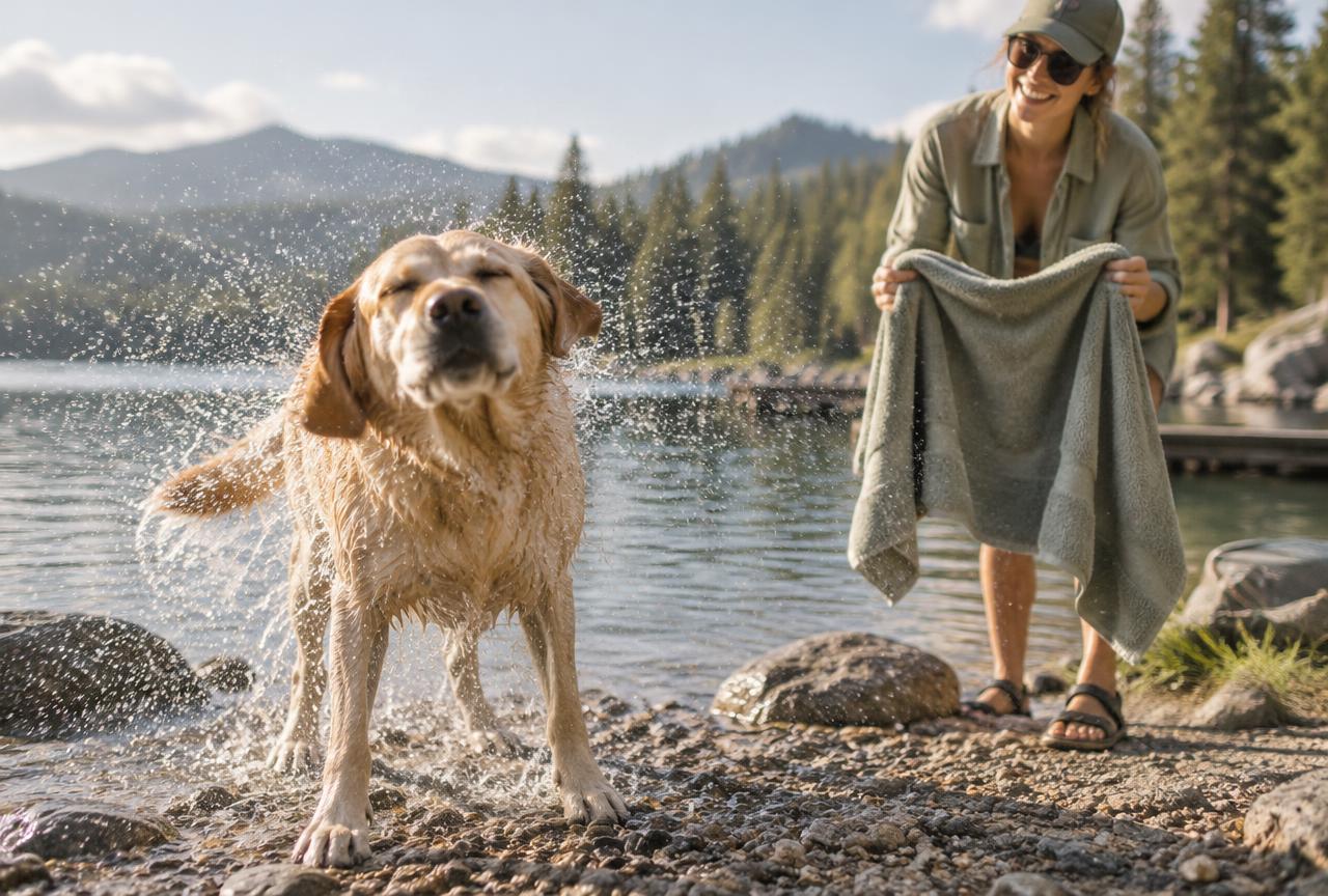 A wet Labrador shaking off water after a swim while its owner waits with a towel