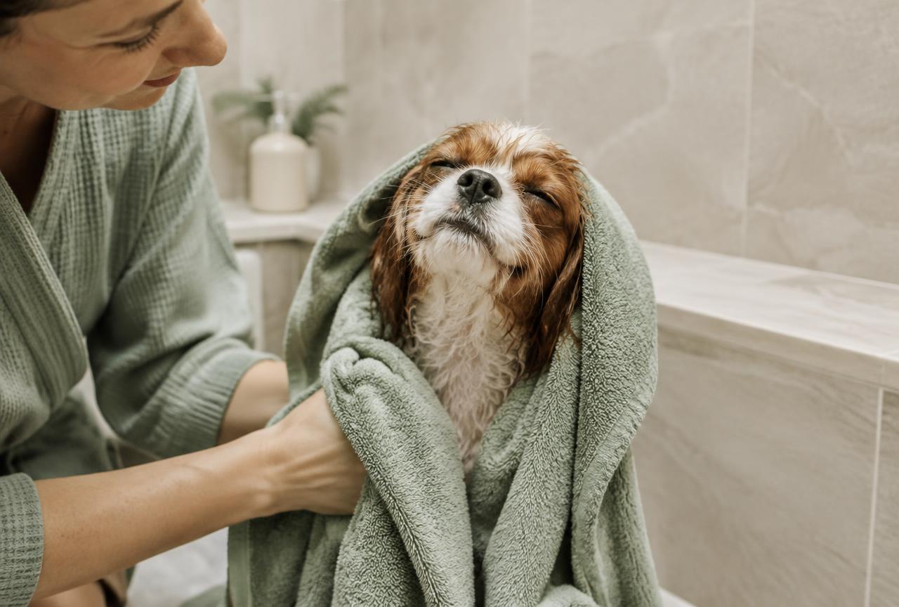 A person blow-drying a dog''s damp coat on a low heat setting
