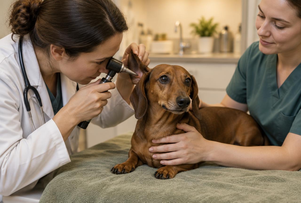 A veterinarian examining a dachshund's ear with an otoscope while the relaxed dog lies on a soft towel