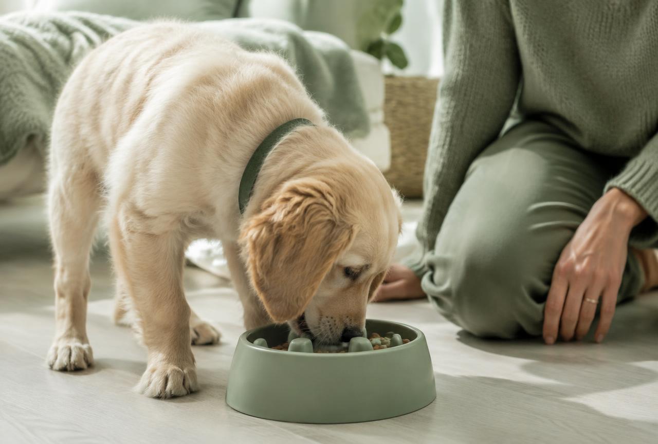 A puppy eating from a slow-feeder bowl while its owner kneels nearby