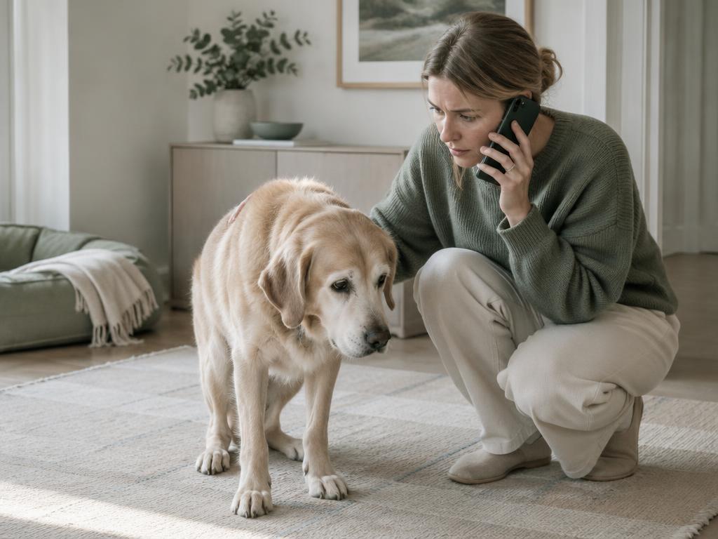 Owner on the phone to a vet beside a standing dog