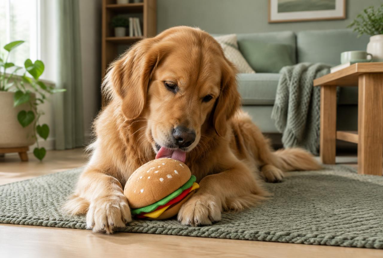 A golden retriever lying on a sage rug licking a soft food toy in a calm living room