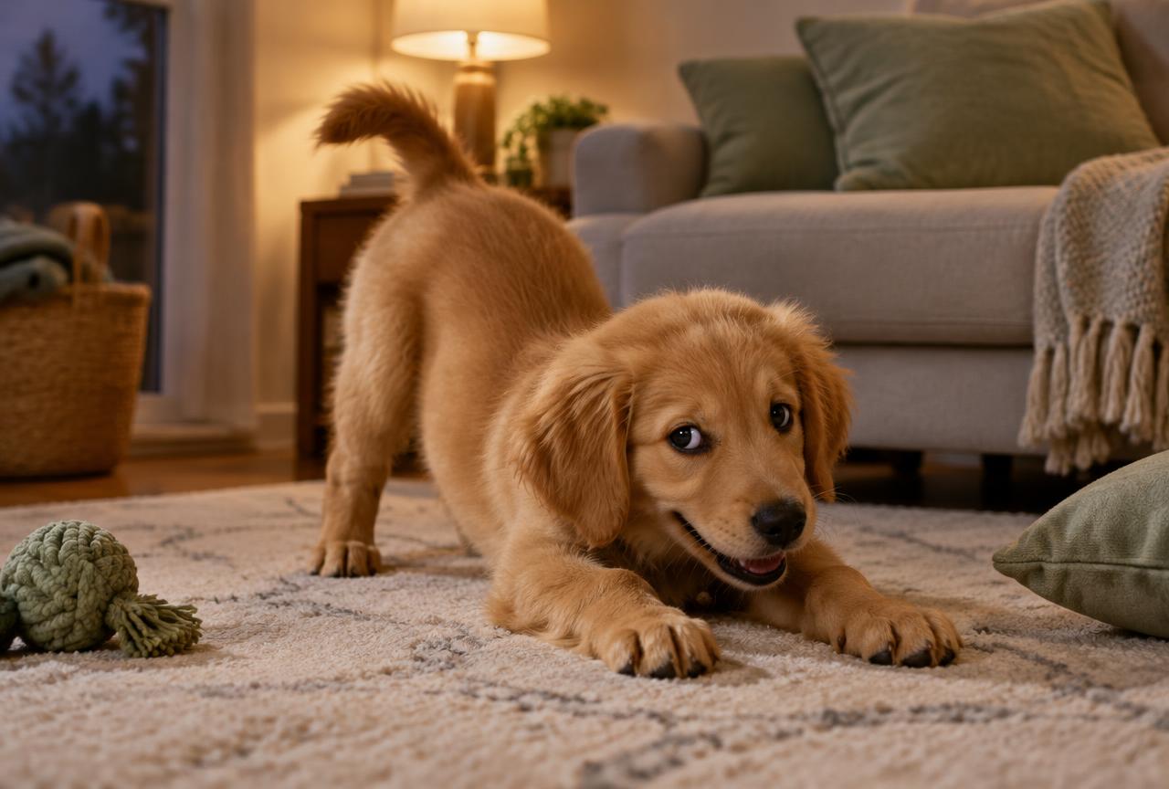 A golden puppy in a play bow on a pale rug in lamp light, a sage rope toy and cushions nearby