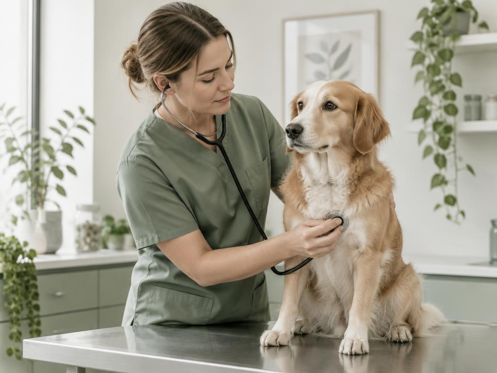 Vet examining a calm dog in a sage-toned clinic